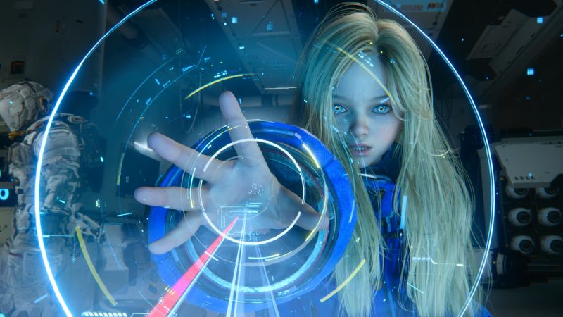 Niña androide interactuando con una interfaz holográfica circular.