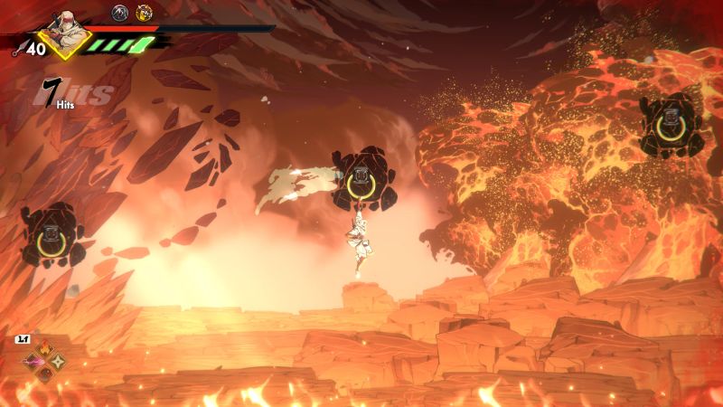 Nivel volcánico – SEGA Villains Escena de combate en un entorno volcánico con enemigos mecánicos rodeando al protagonista.