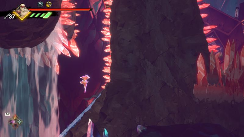 Dimensión cristalina – SEGA Villains Personaje saltando entre cristales rojos y rosados en una cueva fantástica.