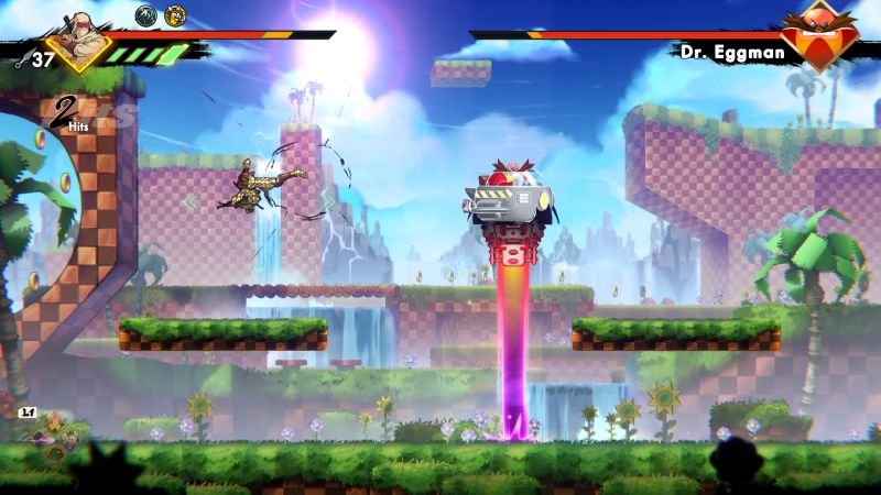 Batalla contra Eggman – SEGA Villains Escena de combate contra Dr. Eggman en un entorno inspirado en plataformas clásicas.