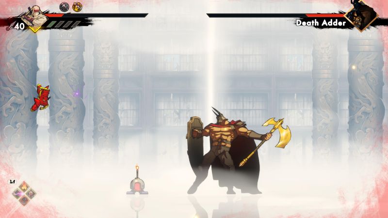 Death Adder – SEGA Villains Escena de combate contra un guerrero gigante armado con un hacha dorada en un salón iluminado desde arriba.