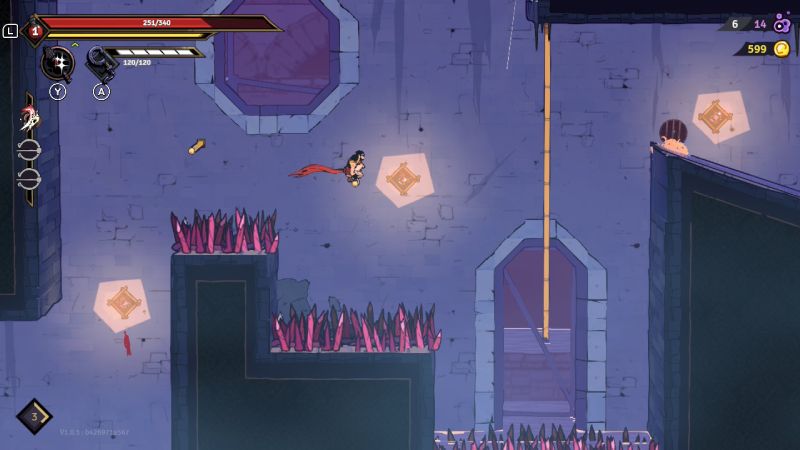 Mazmorra — Plataforma de precisión Personaje saltando sobre picos en un entorno de mazmorra con símbolos luminosos.