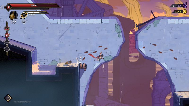 Ruinas — Salto de larga distancia Personaje cruzando un gran vacío entre plataformas en ruinas con cielo anaranjado.