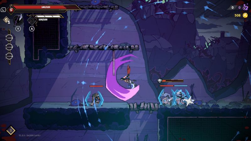 Personaje ejecutando un ataque con arco de energía púrpura contra dos enemigos. rogue-prince-of-persia-energia-purpura