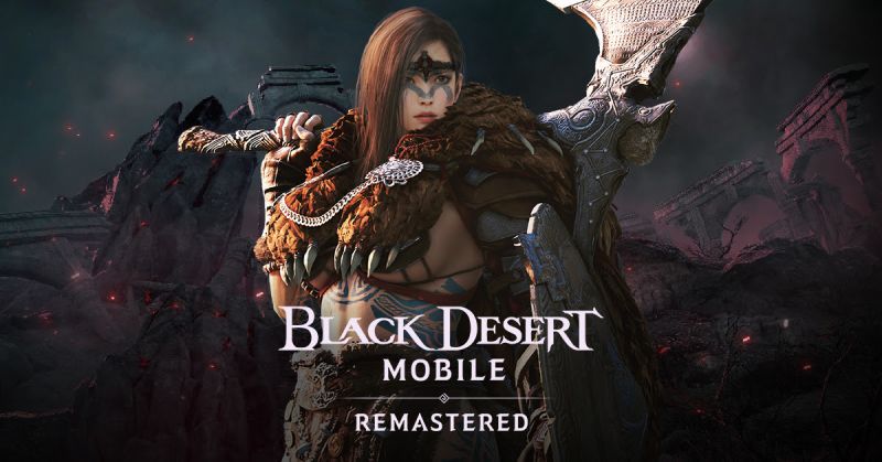 Arte promocional del videojuego Black Desert Mobile Remastered. Muestra a una guerrera de clase bárbara con armadura de pieles, pintura en el rostro y un hacha gigante sobre los hombros, sobre un fondo de ruinas antiguas en un ambiente nocturno.