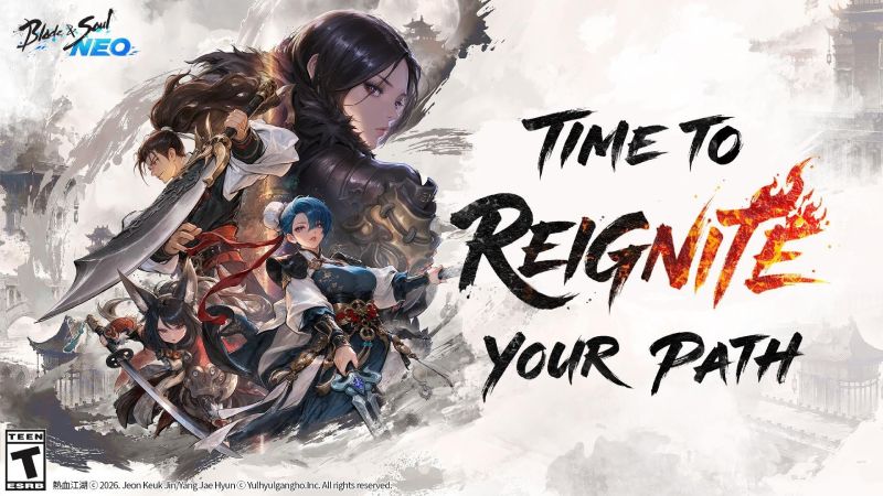 Lanzamiento de Blade & Soul NEO Reignited Imagen promocional de Blade & Soul NEO Reignited. A la derecha destaca el texto en inglés "TIME TO REIGNITE YOUR PATH" en pinceladas de tinta negra con la palabra "REIGNITE" envuelta en llamas. A la izquierda aparecen cuatro personajes con estética Wuxia e indumentarias de fantasía oriental empuñando espadas y grandes armas. En la esquina superior izquierda se aprecia el logotipo de "Blade & Soul NEO".