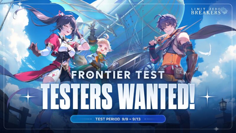 Imagen promocional oficial de la beta de LIMIT ZERO BREAKERS con el texto "FRONTIER TEST TESTERS WANTED!" al centro. En el fondo de tono azul y cielo despejado se observa una aeronave dirigible flotando entre nubes. En primer plano aparecen tres personajes con estética anime: un joven a la derecha sosteniendo una espada, una chica con traje rojo y negro sonriendo a la izquierda, y una pequeña joven en el centro alzando los brazos alegremente. En la parte inferior destaca un botón azul con el periodo de prueba "9/9 ~ 9/13".