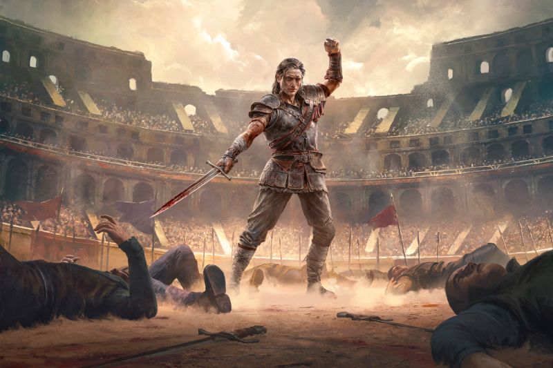 Ilustración publicitaria oficial del Duelista en Path of Exile 2. En el centro de una colosal arena de gladiadores de arquitectura romana bajo un cielo nublado, se encuentra un guerrero de cabello castaño medio vistiendo una armadura ligera de cuero con refuerzos de bronce y tela. Sostiene una espada ensangrentada apuntando hacia el suelo en su mano derecha mientras levanta el puño izquierdo en señal de victoria hacia la multitud en los palcos. A sus pies yacen combatientes caídos sobre la tierra, con lanzas clavadas y escudos tirados a su alrededor.