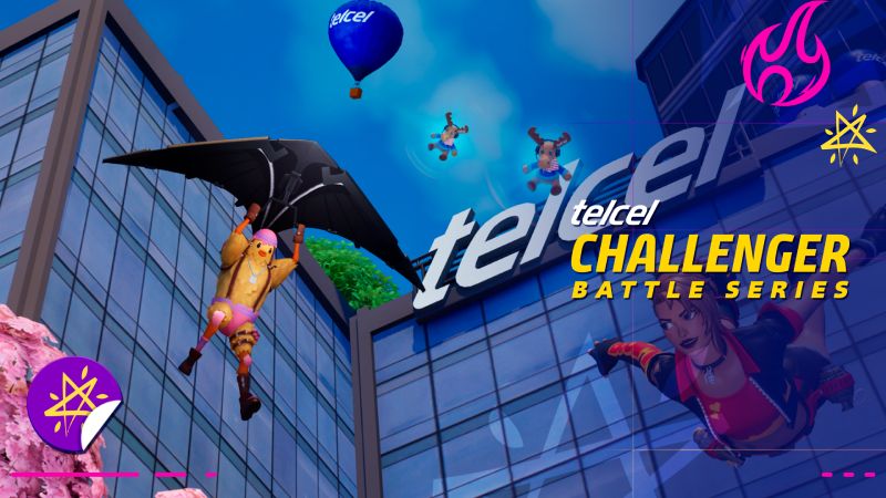 Arte oficial del torneo Telcel Challenger Battle Series en Fortnite Imagen promocional del torneo Telcel Challenger Battle Series en Fortnite. Se observa un entorno urbano de videojuegos con un edificio moderno de cristal que lleva el logotipo de Telcel. En el cielo azul vuela un globo aerostático de Telcel y dos personajes descendiendo en paracaídas y alas deltas estilizadas. A la derecha destaca el título "telcel CHALLENGER BATTLE SERIES" en letras amarillas y blancas.