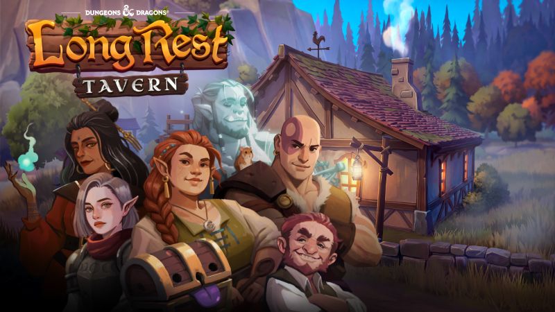 Arte conceptual promocional en alta resolución de "Dungeons & Dragons: Long Rest Tavern". En primer plano se observa a un grupo de diversos aventureros sonrientes, incluyendo una elfa guerrera, un bárbaro con pintura facial, un mediano y una maga. Al fondo se ubica una acogedora taberna de madera con chimenea encendida en medio de un bosque de pinos y montañas. En la esquina superior izquierda destaca el logotipo oficial del juego.
