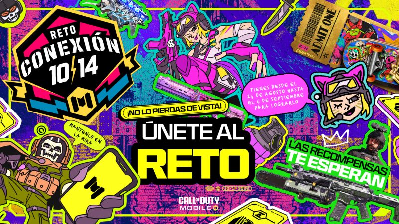Arte promocional oficial con estética de colaje tipo sticker pop en tonos neón amarillo, verde y magenta para el evento "Reto Conexión 10/14" de "Call of Duty: Mobile". Muestra ilustraciones estilo cómic de personajes como Ghost e hidras, armamento especial, un teléfono inteligente con el logo del juego, una tarjeta de visita con la leyenda "Golden Ticket" y textos flotantes promocionales sobre las fechas del evento.