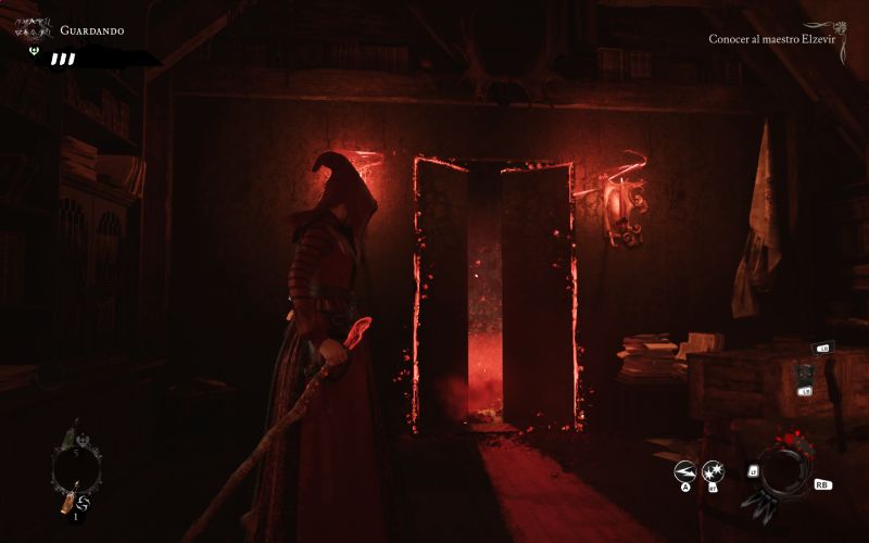 Efectos de iluminación mística e interiores Noa en un espacio interior oscuro frente a un portal místico encendido con un contorno de fuego rojo brillante.