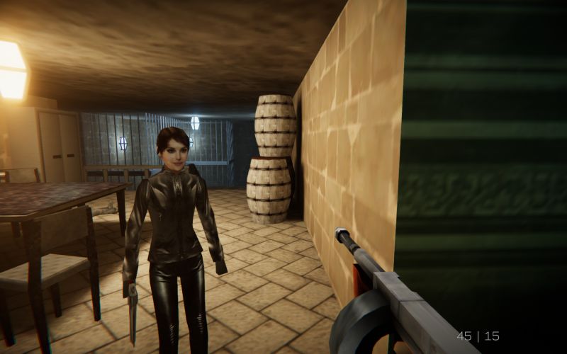 Escena de gameplay donde el protagonista John Walter apunta un rifle de asalto hacia dos guardias enemigos en una sala de control con ordenadores de estilo retro.