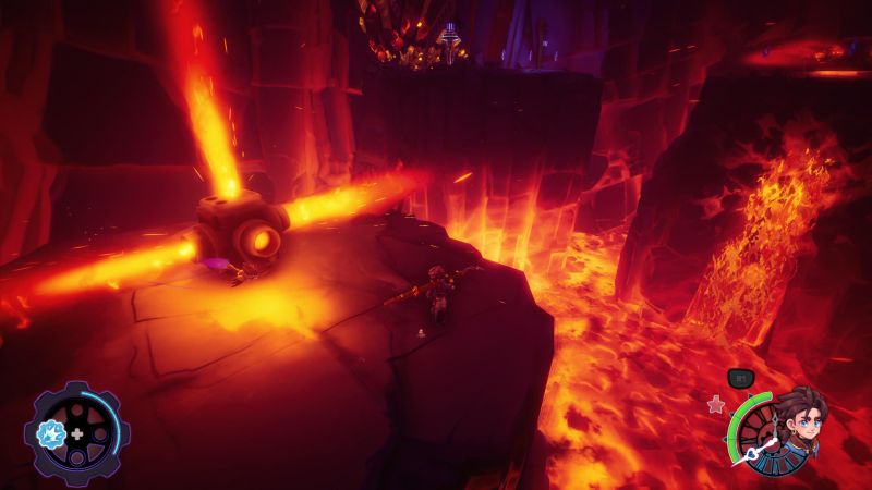 Exploración y acertijos en zonas ardientes de Duskfade Zirian explorando una zona subterránea repleta de lava ardiente y un cañón que dispara un haz de energía naranja hacia una puerta sellada.