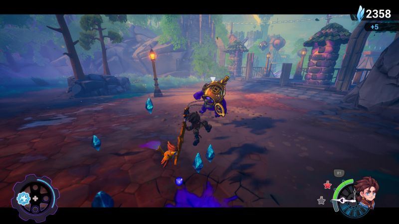 Enfréntate a criaturas mecánicas en Duskfade Escena de combate dinámico donde Zirian golpea a un enemigo mecánico pesado rodeado de cristales azules y engranes volando por el aire.