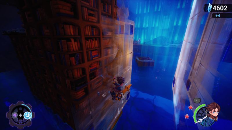Secciones de plataformeo y movilidad en Duskfade Zirian ejecutando un salto entre paredes en una inmensa biblioteca sumergida con efectos de agua transparente e iluminación azul.