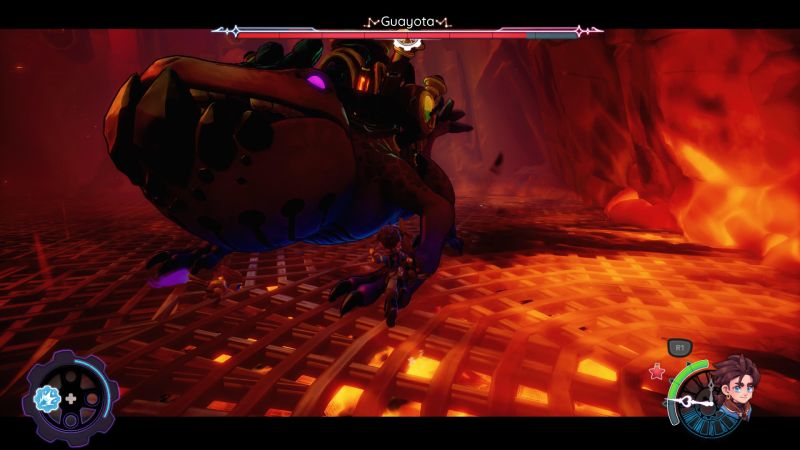 Enfrentamiento contra el jefe Guayota en Duskfade Encuentro contra un gran jefe llamado Guayota, una criatura reptiliana gigante sobre una plataforma de rejilla ardiendo sobre lava.
