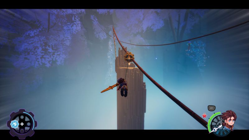 Desplazamiento ágil con gancho dentro de Duskfade Zirian deslizándose a alta velocidad por un cable con su espada enganchada sobre un abismo cubierto de niebla y árboles morados.