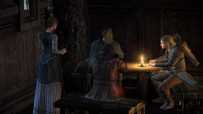 Los tres protagonistas, Eradan, Andriel y Farin, reunidos alrededor de una mesa iluminada por velas conversando con Aragorn en la taberna del Póney Pisador.