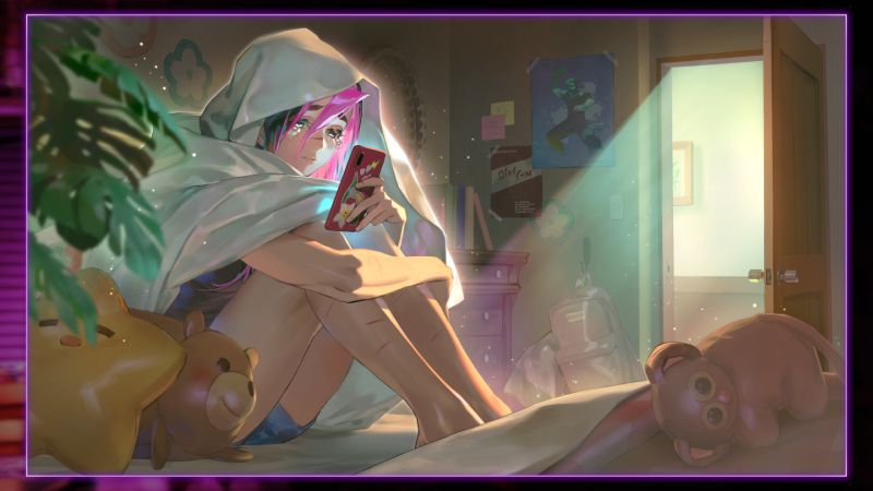 Ilustración del modo Arcade de Yasmine o Arcade de Yasmine que muestra a la joven en su habitación cubierta con una sábana mie