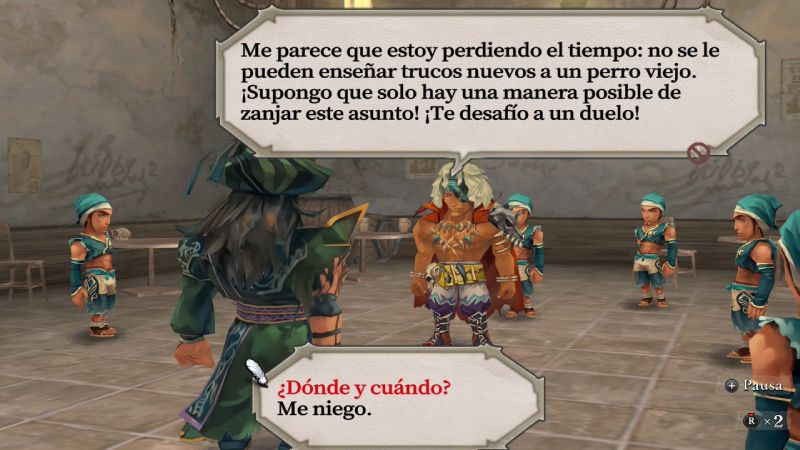 Escena en una taberna mostrando un diálogo localizado en español con opciones de respuesta interactiva para un duelo.