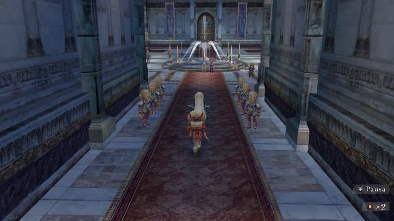 Vista en tercera persona de un personaje caminando por el pasillo central con alfombra roja dentro de un palacio o castillo.