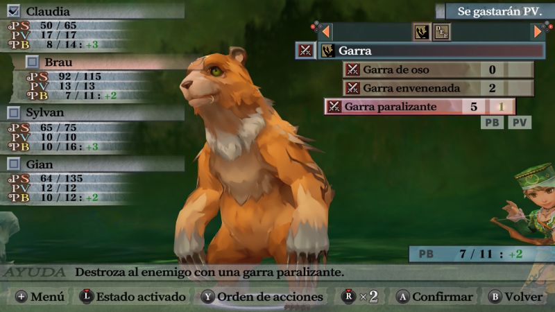 Interfaz de usuario en combate mostrando la selección de la habilidad Garra paralizante en un aliado de tipo oso.