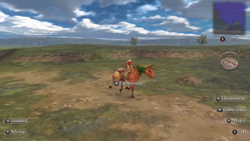Personaje montando a caballo a través de una pradera abierta bajo un cielo parcialmente nublado.