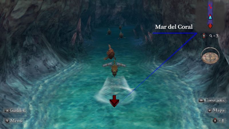 Vista superior de una pequeña embarcación navegando por un estrecho de agua en la ubicación Mar del Coral.