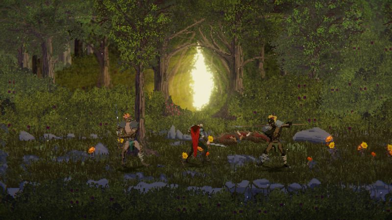 Crimson Capes — Exploración en bosque Tres personajes armados en un bosque iluminado por un portal brillante.