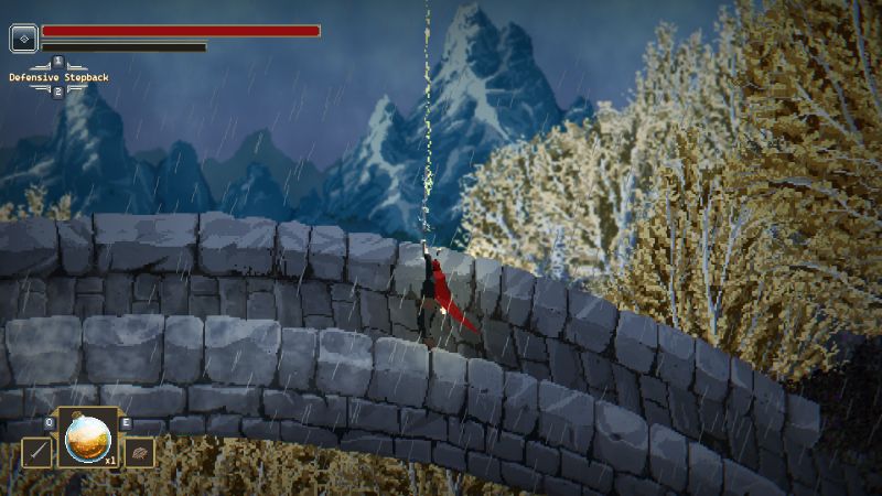 Crimson Capes — Combate climático Personaje con capa roja ejecutando una habilidad en un puente bajo la lluvia.