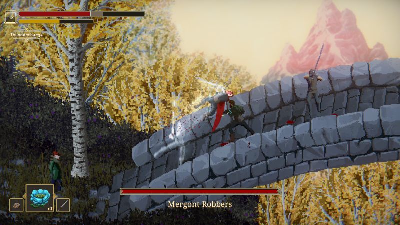 Crimson Capes — Batalla contra Mergont Robbers Enfrentamiento en un puente contra enemigos con barra de jefe.