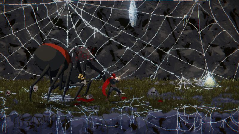 Crimson Capes — Jefe arácnido Guerrero enfrentando a una araña gigante en una cueva llena de telarañas.