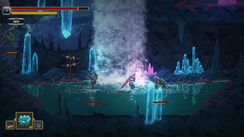 Crimson Capes — Caverna cristalina Combate en una caverna iluminada por cristales azules y un géiser de energía.