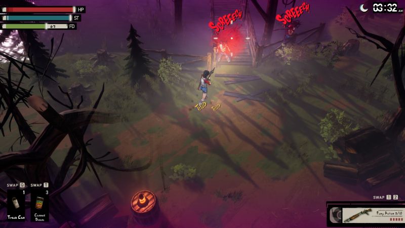 I Hate This Place — Criaturas sensibles al sonido Protagonista disparando contra criaturas luminosas en un entorno forestal nocturno.