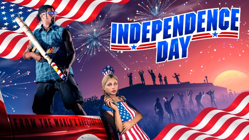 Arte promocional con dos personajes celebrando el Día de la Independencia frente a un fondo de fuegos artificiales y colores patrióticos.