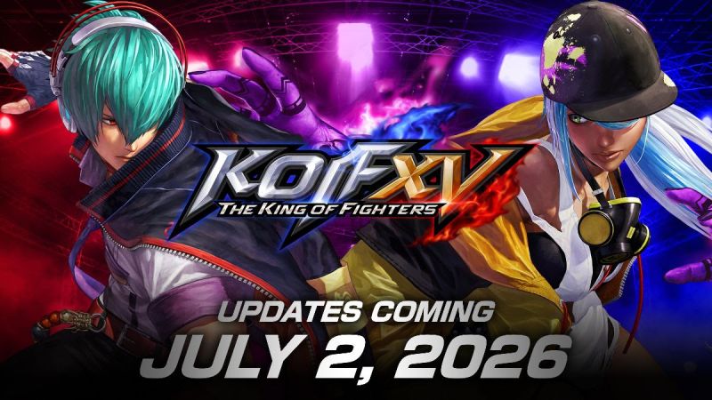 Promocional de actualización de “The King of Fighters XV” Arte promocional con dos peleadores en pose de combate sobre un fondo de luces y energía, representando la actualización de “KOF XV”.