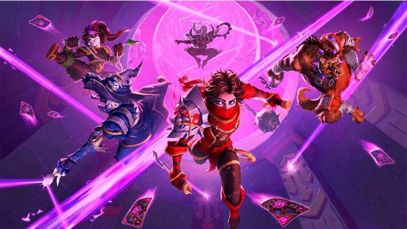 Cuatro personajes avanzan entre energía arcana mientras un círculo mágico domina el fondo.