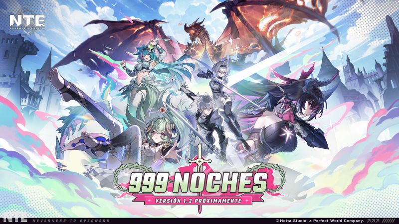 Arte promocional de la actualización 1.2 de NTE Ilustración promocional con personajes de fantasía en un entorno de castillo y dragón.