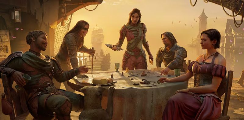 Grupo de jugadores reunidos alrededor de una mesa en un entorno de fantasía, con piezas y elementos de juego de rol.