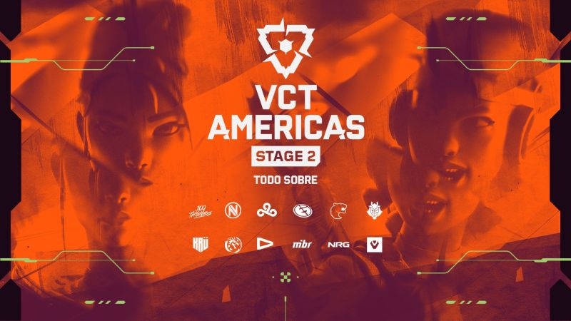 Promocional oficial de VCT Americas Stage 2 Gráfico promocional con fondo naranja y logotipos de equipos participantes en VCT Americas Stage 2.