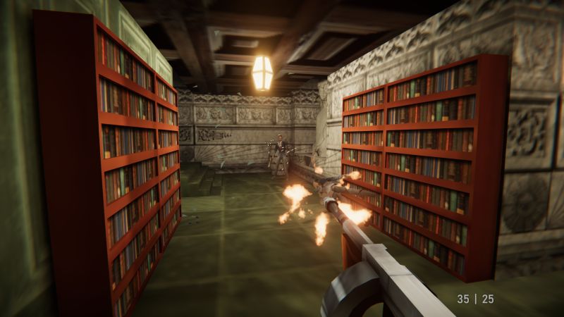 Escena de videojuego en una biblioteca donde el jugador dispara hacia un enemigo en un entorno de acción retro.
