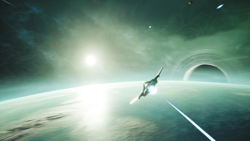 Arte promocional de “Rogue Eclipse” Nave espacial avanzando sobre un planeta iluminado por una estrella en un entorno de ciencia ficción.