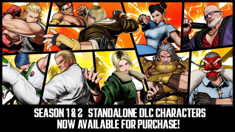 Personajes DLC individuales en "FATAL FURY: City of the Wolves" Póster promocional horizontal dividido en paneles estilo cómic que muestra la alineación de personajes de contenido descargable (DLC) independientes de la Temporada 1 y 2 del videojuego de peleas "FATAL FURY: City of the Wolves". En la fila superior se aprecian cinco luchadores posando enérgicamente: un hombre rubio con guanteletes rojos, un joven con banda en la frente, un guerrero rubio con chaqueta marrón lanzando un golpe, una peleadora asiática con traje de combate azul y un veterano con barba blanca, gafas de sol y chaleco morado. En la fila inferior se observan otros cinco personajes, incluyendo un joven de cabello azul con traje deportivo blanco, un hombre rubio de espaldas con gi blanco de karateka, una mujer rubia con chaqueta verde y camiseta blanca, un guerrero con armadura dorada y cicatriz en el rostro, y un hombre con máscara roja tradicional japonesa. En la parte inferior, una gran franja negra con letras blancas en mayúsculas muestra el texto "SEASON 1 & 2 STANDALONE DLC CHARACTERS NOW AVAILABLE FOR PURCHASE!".