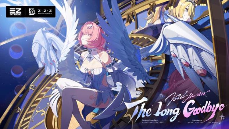 Ilustración oficial del videojuego Zenless Zone Zero para la versión tres punto uno titulada The Long Goodbye. En el centro, el personaje Remielle Dan, una mujer de cabello corto color rosa y ojos claros, posa vistiendo un traje azul y blanco mientras despliega un par de grandes alas de plumas de color azul oscuro y blanco. A su derecha y en el fondo, se observa a Sigrid, un personaje femenino de cabello rubio largo, de perfil. Ambas están dispuestas frente a la estructura dorada de un gran reloj mecánico bajo un cielo nocturno estrellado con planetas visibles a la izquierda. En la esquina superior izquierda se aprecian los logotipos de EZ Studio y ZZZ Zenless Zone Zero, mientras que en la esquina inferior derecha aparece el título Void Hunter The Long Goodbye escrito en fuentes estilizadas blancas y rosas.