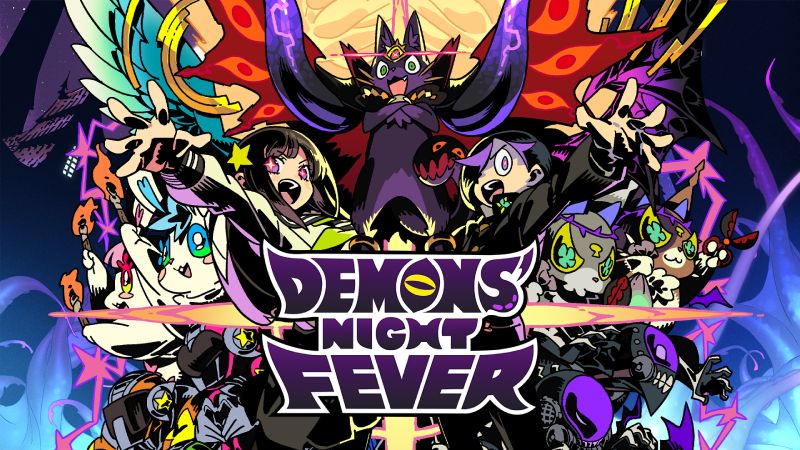 Ilustración promocional de Demons' Night Fever Ilustración en estilo anime de Demons' Night Fever. En el centro aparece el logotipo oficial en tonos morados sobre un destello luminoso. En la parte superior sobresale un gato negro antropomórfico con alas demoníacas y ojos brillantes. A los costados posan los personajes principales, incluyendo una chica anime con uniforme escolar y poderes mágicos, un joven de cabello oscuro con uniforme escolar, e hordas de criaturas y soldados alienígenas con estética cómica y colorida.