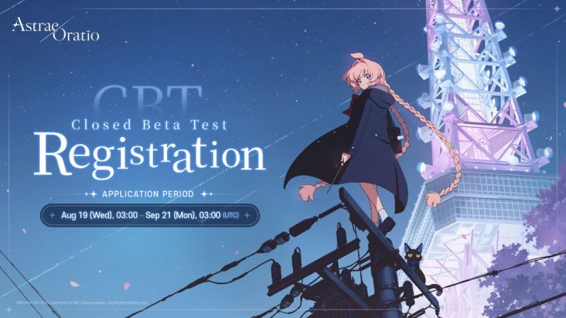 Arte promocional del periodo de registro de la prueba beta cerrada (CBT) de Astrae Oratio. En el centro aparece una chica de anime con cabello rosado en largas trenzas, sosteniendo una varita mágica y parada sobre cables de poste telefónico con un gato negro al lado. De fondo resalta la torre de telecomunicaciones de Tokio iluminada de noche en tonos morados y azules bajo un cielo estrellado. En la esquina izquierda se muestra el texto CBT Closed Beta Test Registration y el periodo de aplicación del 19 de agosto al 21 de septiembre.