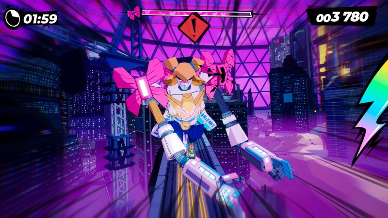 Combate contra jefe en Denshattack! Enfrentamiento contra un jefe gigante estilo mecha futurista adornado con moños rosas sobre una pista en una ciudad nocturna iluminada por neones.