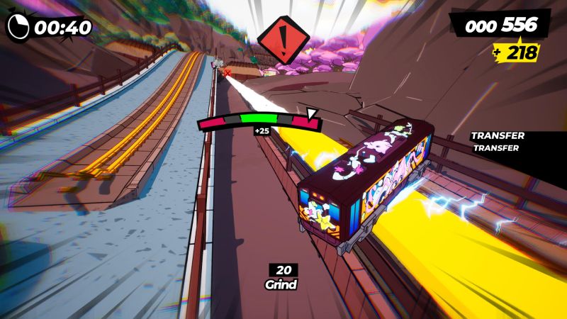 Mecánica de grind y trucos acrobáticos en Denshattack! Un tren realizando una maniobra de grind sobre una barrera lateral de la vía con chispas e indicadores de truco "TRANSFER" y barra de equilibrio en pantalla.