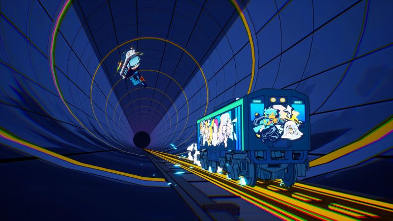 Personalización de trenes y túneles en Denshattack! Dos trenes personalizados con coloridos grafitis recorriendo un túnel circular iluminado con luces azules y amarillas.